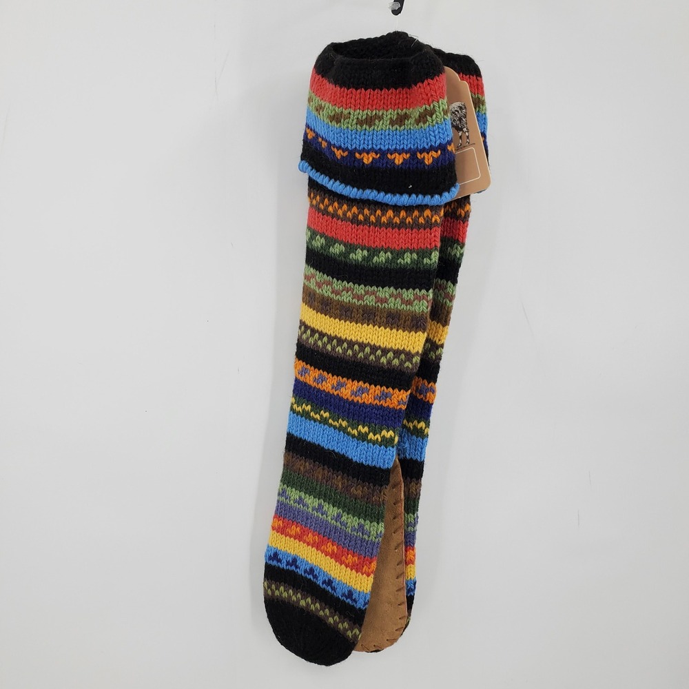 Artesania Alpaca Wool Slipper Socks Hand Knit Suede Sole Multi Color Striped M